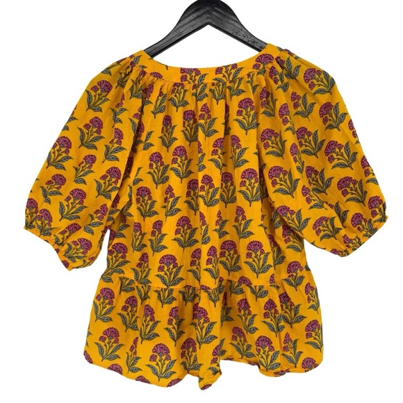 Printfresh Countryside Drives Puff Sleeve Peplum Blouse Small Gold Floral Boho - Picture 3 of 8